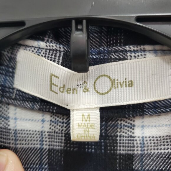 Eden‎ & Oliva Women's Navy White Plaid Roll Tab Belted Flannel Button Up Tunic M - Picture 9 of 11
